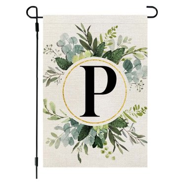 Penkiiy Drapeau de Jardin Monogramme Lettre P Nom de Famille 12x18 Pouces Drapeau Double Face pour Plantes Suspendues Extérieures Décor Initiale de Campeur Artificiel, Petit Drapeau Floral en Toile de Jute Printemps Été