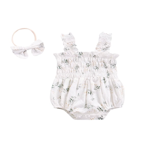 2 Pcs Barboteuse Mignonne pour Bébés Filles, Fleurs Imprimées, Combinaison Sans Manches à Boutons, Ensemble avec Bandeau, Blanc, 0-6 Mois