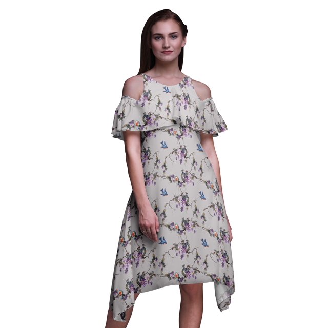 Bimba Grey Bird Printed Womens Cold Shoulder Tunic Party Round Neck Shift Dress - XXX-Large