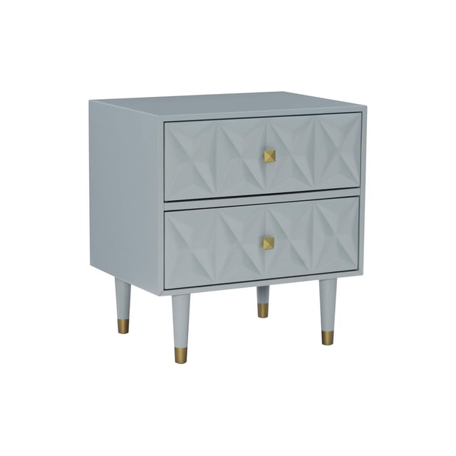 table de Chevet Géométrique à Deux Tiroirs, Gris avec une Surface Géométrique Texturée avec Quincaillerie Carrée Dorée et Pattes Effilées avec Pointes Trempées Dorées, Deux Tiroirs Profonds Offrent un Grand Rangement, Convient Aussi comme table d'Appoint Ou de Bout de Canapé dans la Chambre Ou le Salon.