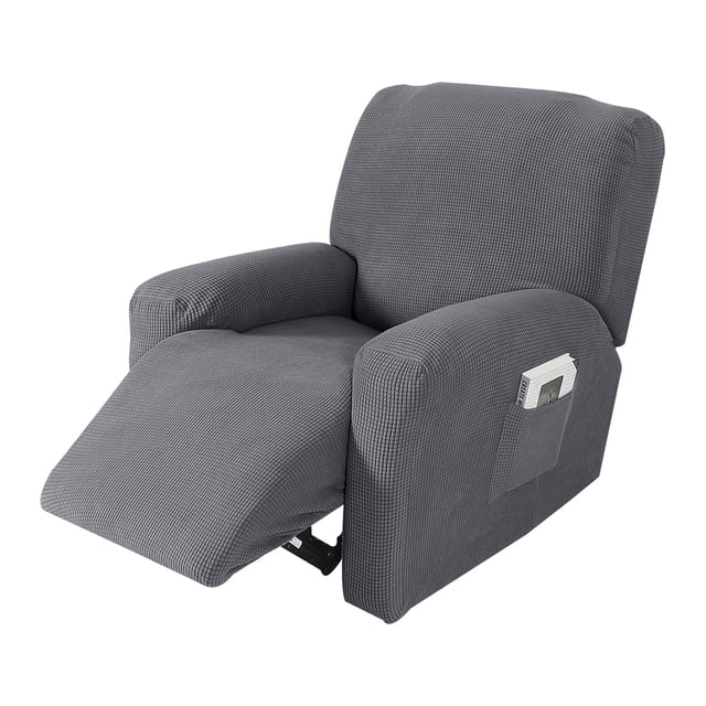 Amdohai Housse de Fauteuil Inclinable Extensible en 4 Pcs Séparées en Gris, Conçue pour s'Adapter et Protéger les Fauteuils Inclinables. Cette Housse Comprend Deux Housses d'Accoudoirs, une Housse pour Siège Central et une Housse pour Dossier Central, Fabriquée à Partir de 94 % de polyester et 6 % de Polyuréthane, Fibre Élastique pour une Sensation Douce et Agréable pour la Peau et une Élasticité fine. le Matériau Gris Texturé Sculpte la Forme du Fauteuil, avec une Poche Latérale pour Plus de Commodité. Convient pour Prévenir les Taches, les Déchirures et les Dommages d'Animaux