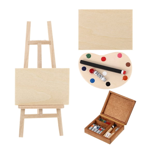 KAKOWELY 4pcs Miniature Wooden Easel Oil Painting Set Watercolor Box Adornment,5.12X"X2.76"X0.39"