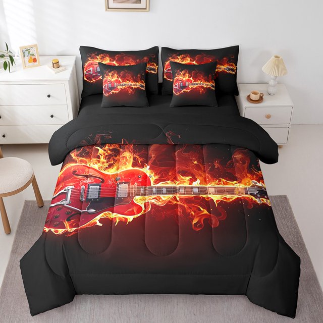 Electric Guitar Comforter Set - 7 Pieces Bed in a Bag Set,Music Stringed Instruments Full Bedding Set with All Season Quilt,Burning Orange Fire Flame Flat Sheet,Fitted Sheet,Pillowcases