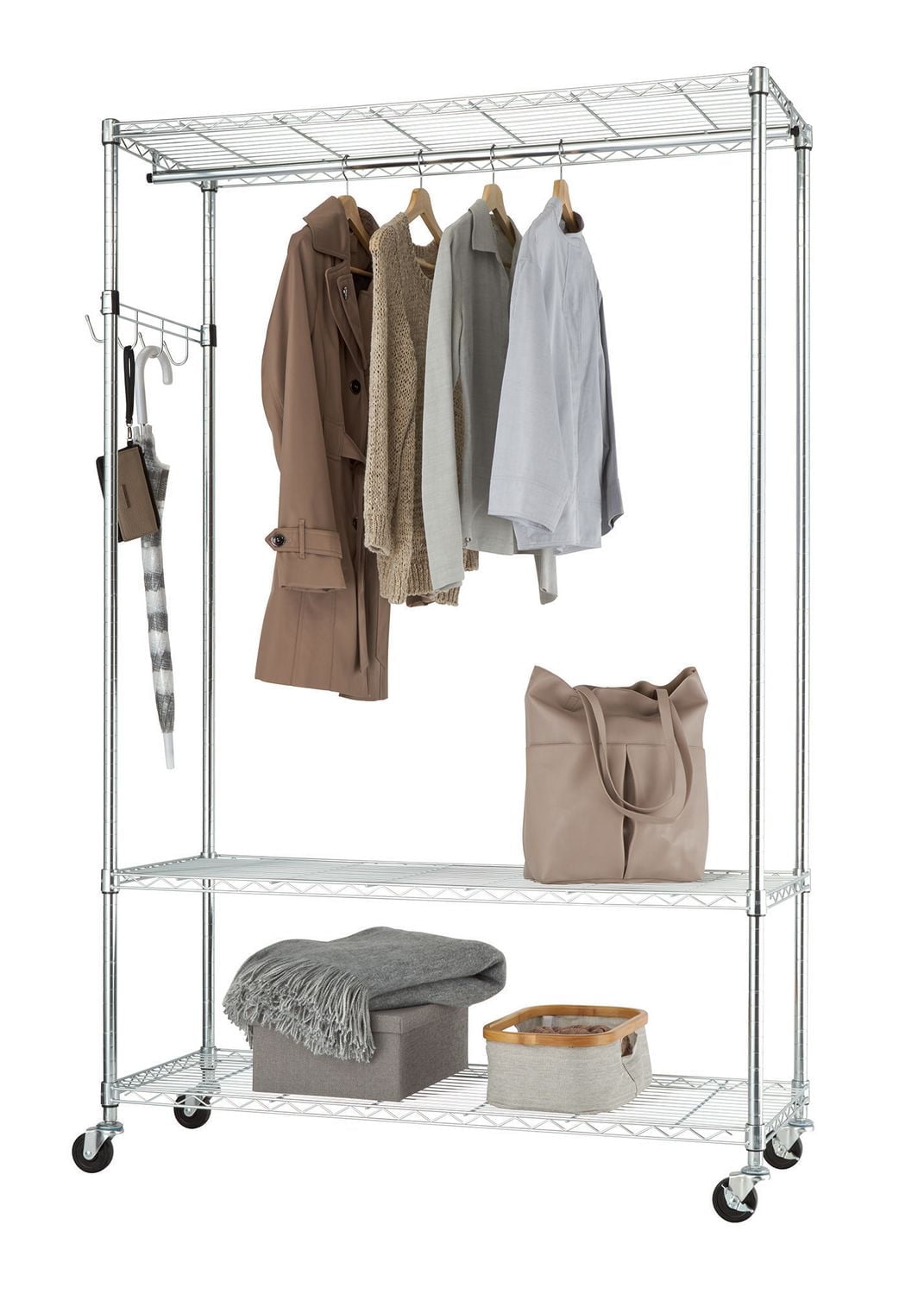 Présentoir à vêtements à roulettes à 3 niveaux TRINITY EcoStorage | 122 cm de larg. x 46 cm de prof. x 192 cm de haut. (48 po de larg. x 18 po de prof. x 75,5 po de haut.) | Chrome
