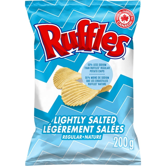 Ruffles Lightly Salted Potato Chips bag in blue and white with red Ruffles logo, showing ridged potato chips and text stating 50% less sodium than regular Ruffles, 200 g weight, made in Canada, suitable for dipping and snacking.