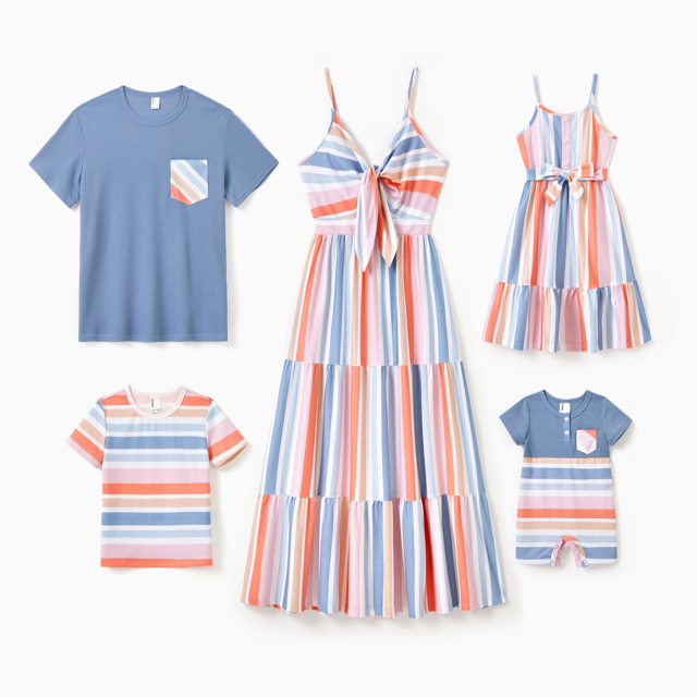 PatPat T-Shirt Bleu à Manches Courtes Assorti pour la Famille Ou Robe Camisole à Rayures Colorées