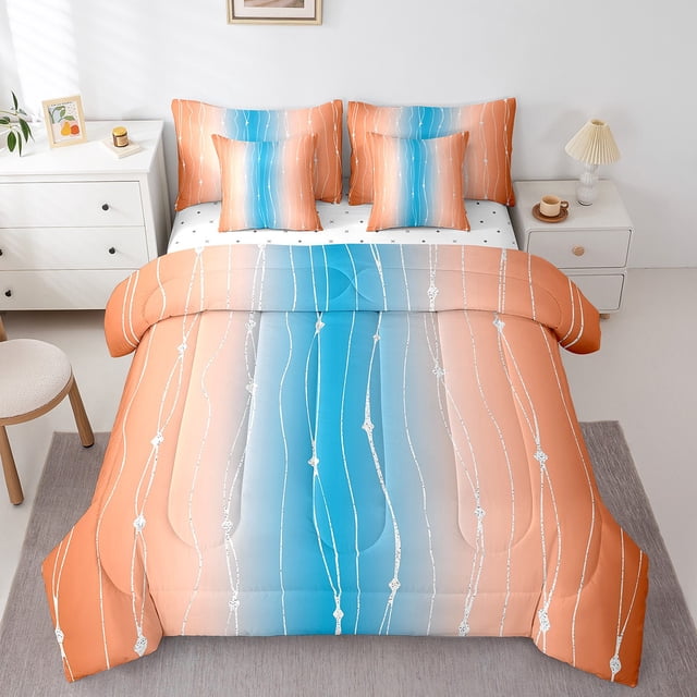 YST Ensemble de Literie Couette Esthétique Abstraite Bleu et Orange, 7 Pcs, Format Double