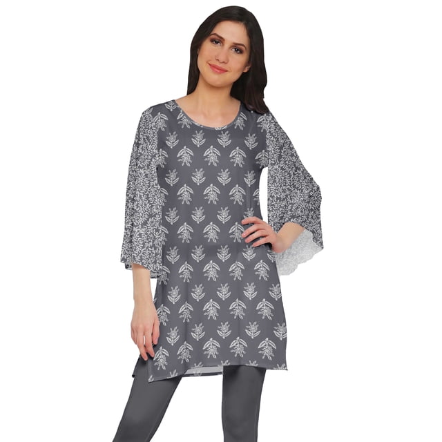 Moomaya Printed Indian Short Kurti Dress Poly Crepe Tunic Round Neck Mini Dress