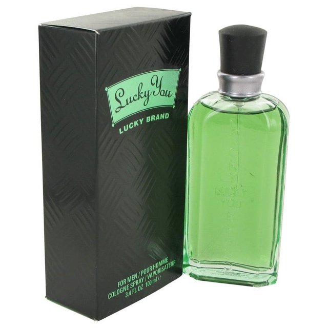 Lucky You by Liz Claiborne spray, 3.4 oz bottle, featuring a green-tinted glass design with a black cap. The packaging includes a black box with a textured pattern and green accents, displaying the Lucky You logo. Classified as a sharp, woody, mossy fragrance with youthful citrus notes, this cologne is recommended for casual wear.