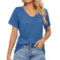 thumbnail image 1 of B91xZ Blouses pour Femmes Décontractées Été Manches Courtes Col Rond Ajusté Mignon Crop Top Blouses, Bleu Foncé L, 1 of 5
