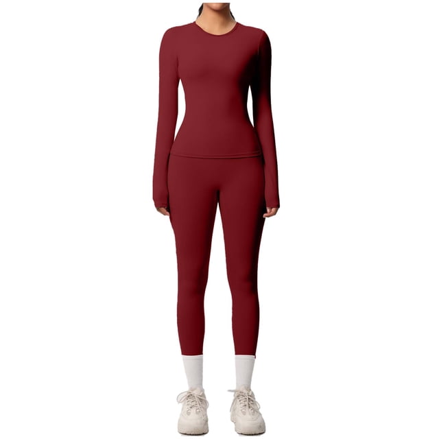 WRKEKC 2 Piece Sets for Women Solid Color Long Sleeve Round Neck Fitted Yoga Set with Stretchy Pants for Workout and Exercise