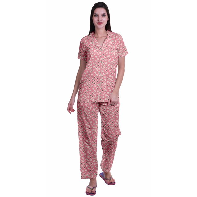 Moomaya Ensemble de Pyjama à Manches Courtes Imprimé pour Femmes Chemise de Nuit Boutonnée Imprimée