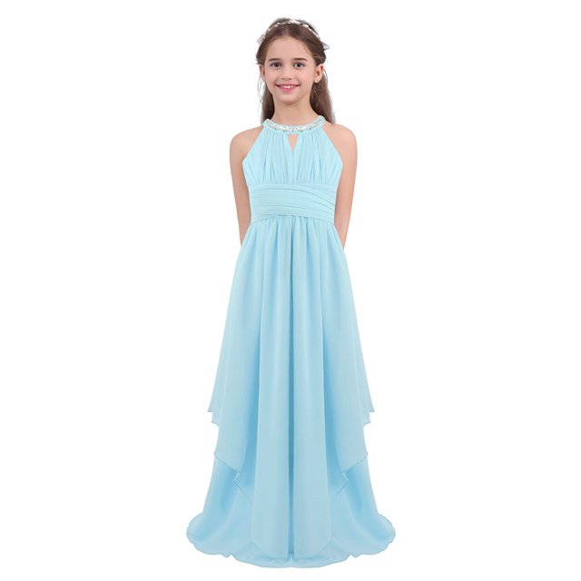 Miaeowve Robe de Fête Maxi en Chiffon à Paillettes pour Filles, Col Haut, Froncée, Robe de Bal de Mariage Bleu Clair 4