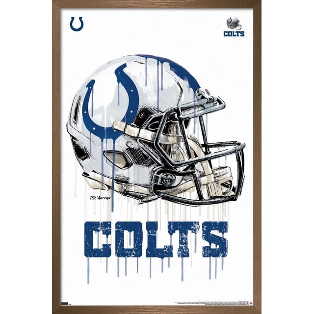 NFL Indianapolis Colts - Affiche Murale Casque Goutte à Goutte 20, 22,375 Po x 34 Po Présentant une Vue avant Centrée d'Un Casque de football Blanc avec un logo de Fer à Cheval Bleu et un Masque Facial Noir, avec Effets de Goutte de Peinture Bleue et Texte Colts Bleu Vieilli en Dessous, Imprimée sur Papier d'Affiche Lustré et Encadrée en Bois, Idéale pour l'Art Mural et la Déco de Pièce.