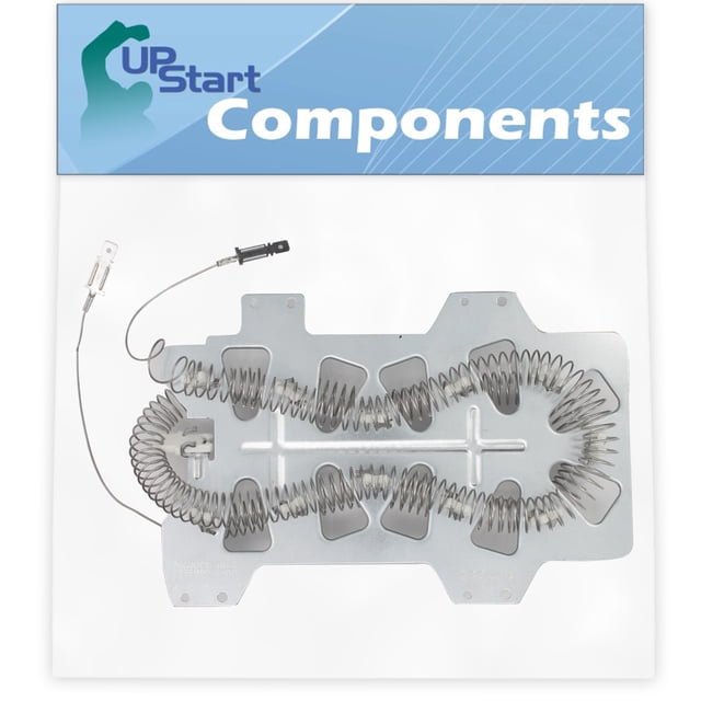 DC47-00019A Dryer Heating Element Replacement for Samsung DV219AEW/XAA-0001 Dryer by UpStart Components. The image shows a silver heating element with coiled wires mounted on a metal plate, designed for easy installation. Compatible with DC47-00019A, AP4201899, 2068550, PS4205218, and TJDC47-00019A. Ideal for fixing common dryer issues like underheating or overheating.