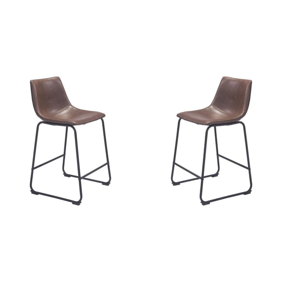 Heavenly Collection Counter Height Stool Set of 2, Brown Upholstered Seat with Black Metal Base, Modern Kitchen Counter Seating