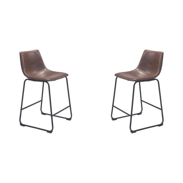 Heavenly Collection Counter Height Stool Set of 2 with brown faux leather upholstered seats featuring light zig-zag stitching and black powder-coated steel sled legs, 26-inch seat height, shown side by side on white background, suitable for modern kitchen counters and often used as extra seating in home bars.