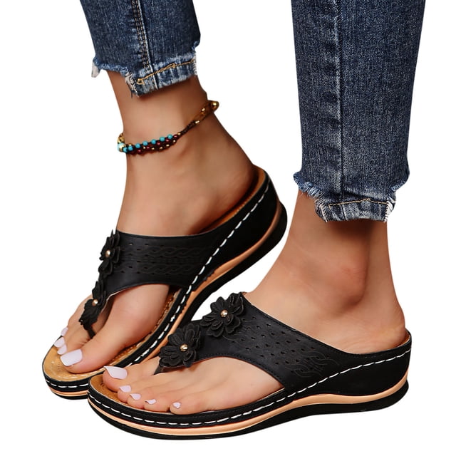 Sandales de Plage Orthopédiques à Fleurs pour Femmes, Style Bohème, à Plateforme Compensée, Sandales à Enfiler pour Robe, Plage, Été, Marche