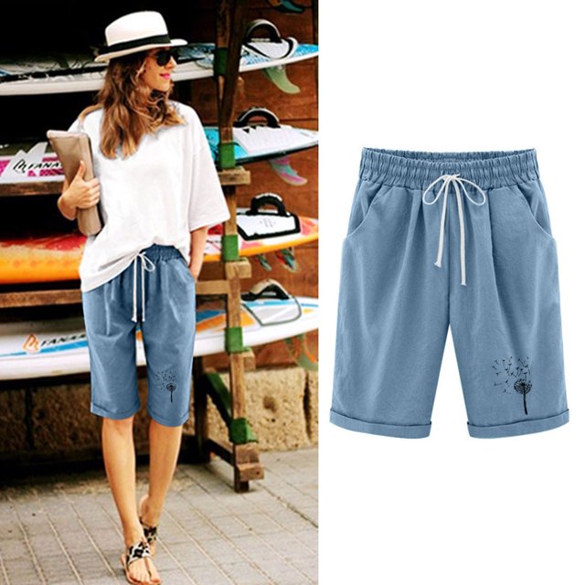 Mefallenssiah Women'S Shorts Cotton and Linen Fashionable Printing Elastic Waist 5-Inch Pants Drawstring 5-Inch Shorts