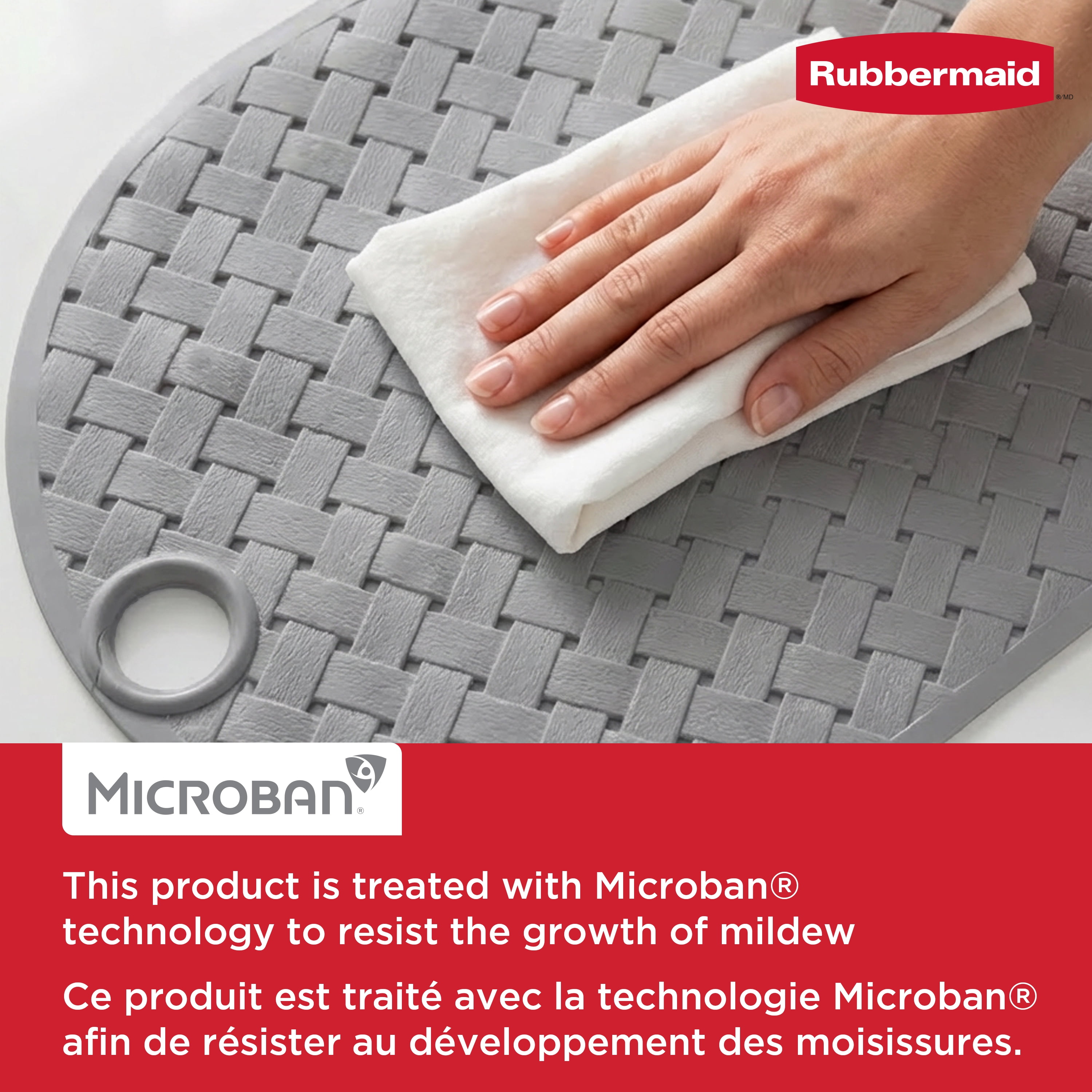 Tapis de baignoire et de douche Instamat Rubbermaid, antidérapant, se suspend à la pomme de douche pour un séchage rapide, 69 x 39 cm, gris clair
