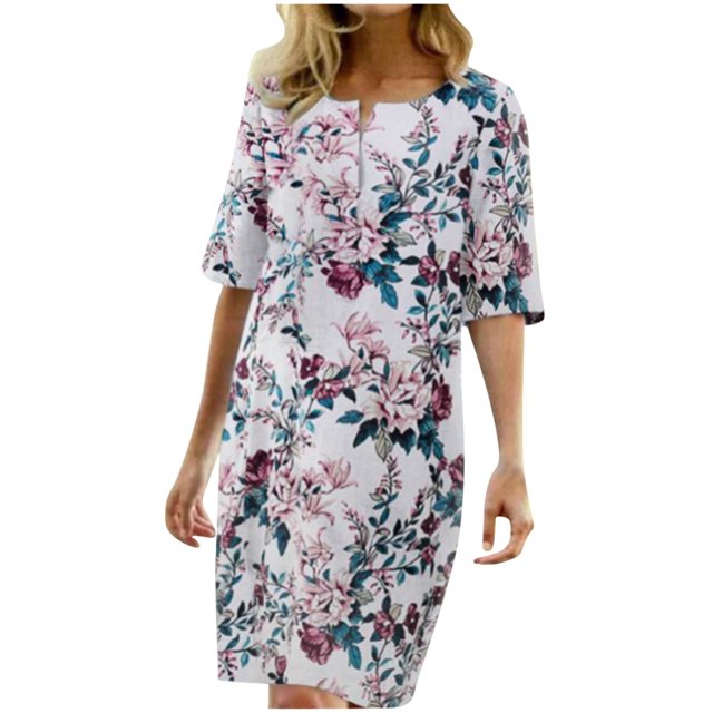 RKSTN Robe d'Été Décontractée pour Femmes Col Rond Manches Mi-Longues Robe de Plage Imprimé Floral Tunique à Volants