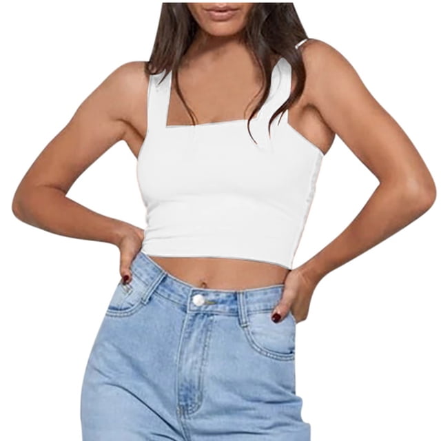AherBiu Hauts Courts pour Femmes Col Carré Sans Manches Couleur Unie Extensible Coupe Ajustée Confortables Débardeurs de Sortie
