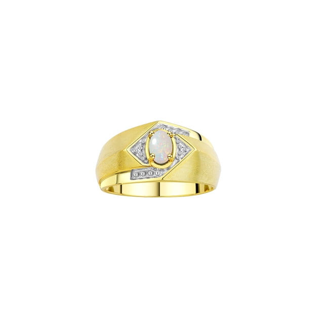 RYLOS Mens Rings Yellow Gold Plated Silver Ring 6X4MM Oval Shape Gemstone & Diamond Ring Opal October Birthstone Rings For Man Silver Rings, Size 13