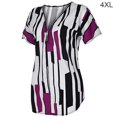 thumbnail image 1 of Femmes T-shirt V Col Rayé T-shirt Top Manches Courtes Fermeture Éclair Slim Blouse, Violet, 4XL, 1 of 6