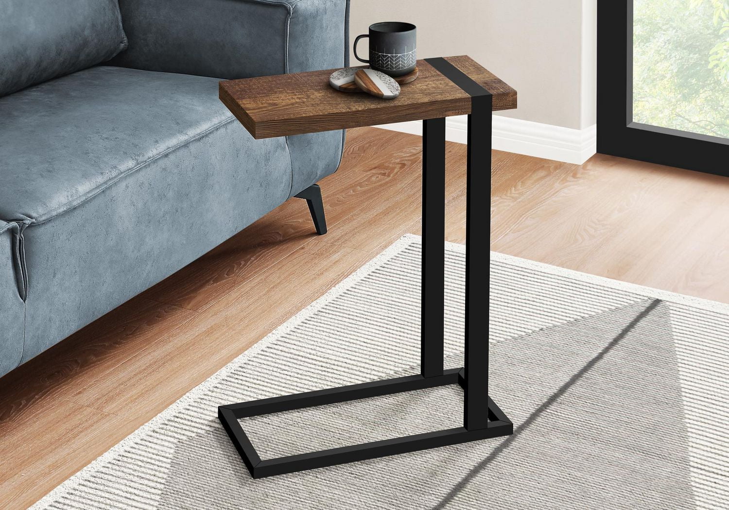 Monarch Specialties Table D'appoint, En Forme De C, Bout, Côté, Collation, Salon, Chambre À Coucher, Métal, Stratifié, Brun, Noir, Contemporain, Moderne