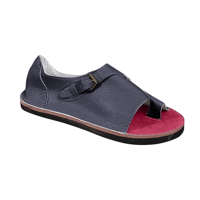 Womens Flat Sandals Slip on Toe Ring Buckle Strap Open Toe Thick Sole Summer Beach Leather Sandals Dark Blue