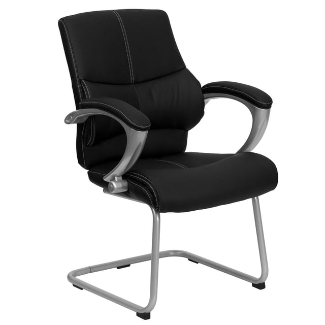 Black Leather Executive Side Reception Chair with Silver Sled Base