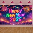 thumbnail image 3 of Colorful Fireworks 2026 New Year Banner Shiny Stars Happy New Year Display Champagne Glass Design Party Balloons 2026 Celebration Backdrop for New Year Party 2026 Celebration New Year Eve Event, 3 of 5