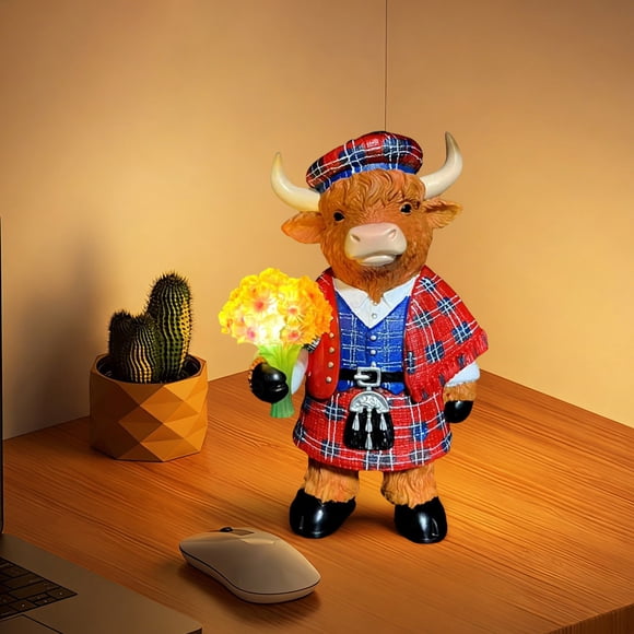 Kmonabie Adorable Lampe Bouquet Vache Écossaise, Charmante Figurine de Vache en Résine Déco de Noël, Veilleuse Vache Mignonne pour Chambre Salon