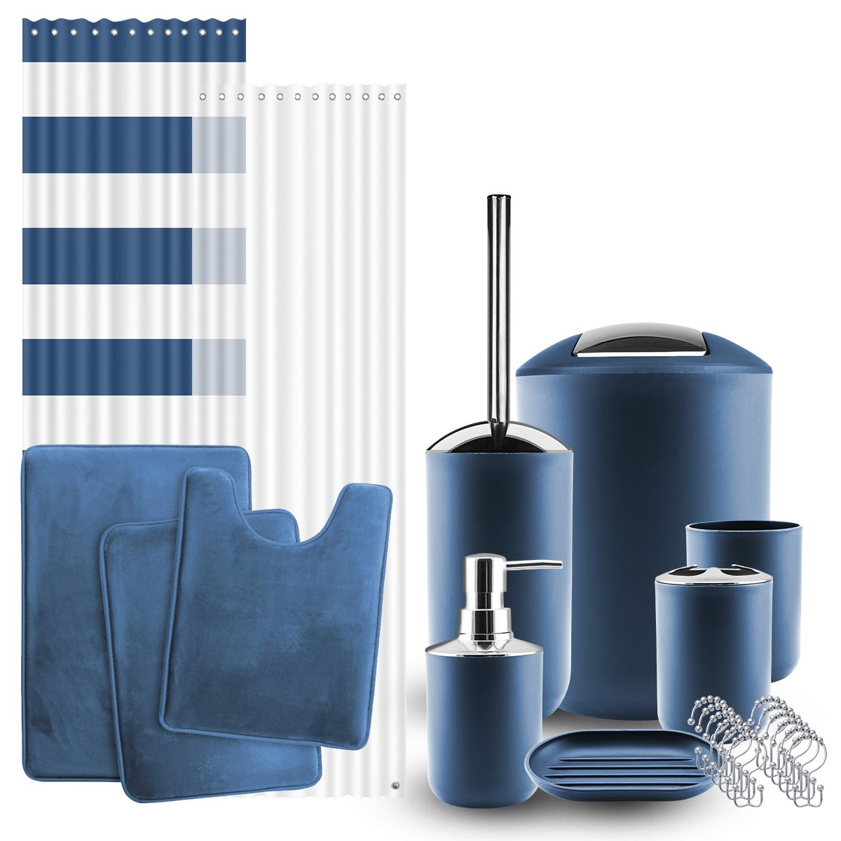 Clara Clark Bathroom Accessory Set, Navy Blue Bathroom Décor with Toothbrush Holder Set, Bathroom Curtains Shower Set, Bath Rug Set Included