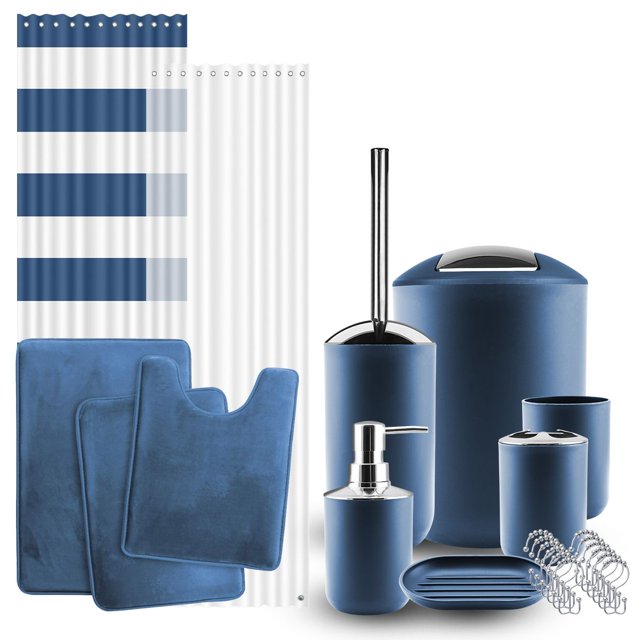 Clara Clark Bathroom Accessory Set, Navy Blue Bathroom Décor with Toothbrush Holder Set, Bathroom Curtains Shower Set, Bath Rug Set Included