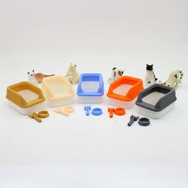 Big Savings! Miniature Cats Litter Box Set With Shovel 1/12 Scale Accessories in assorted colors. The set includes four miniature litter boxes in brown, beige, blue, orange, and gray, each paired with a matching shovel and ring accessory. Designed for 1/12 scale models, these plastic accessories are ideal for dollhouses or miniature displays. Background features small cat figurines for decorative context.