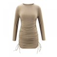 thumbnail image 3 of Ladies Sexy  Neck Solid Color Ruffled Tie Long Sleeve Women Casual Dress, 3 of 9