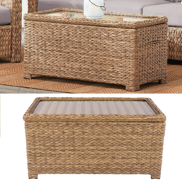 Krikacy Patio Coffee Table Outdoor All-Weather Rectangle Tempered Glass Top Table with Storage,for Living Room Backyard Garden,Light Brown