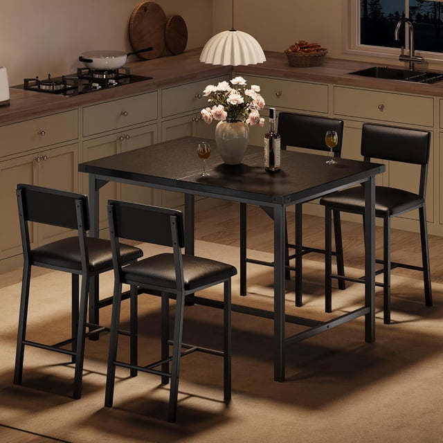 Dining Table Set for 4 W/Footrest & Backrest, Counter Height Table with 4 Upholstered Bar Stools, Kitchen Table Set with Corner Protector, for Small Space, Black