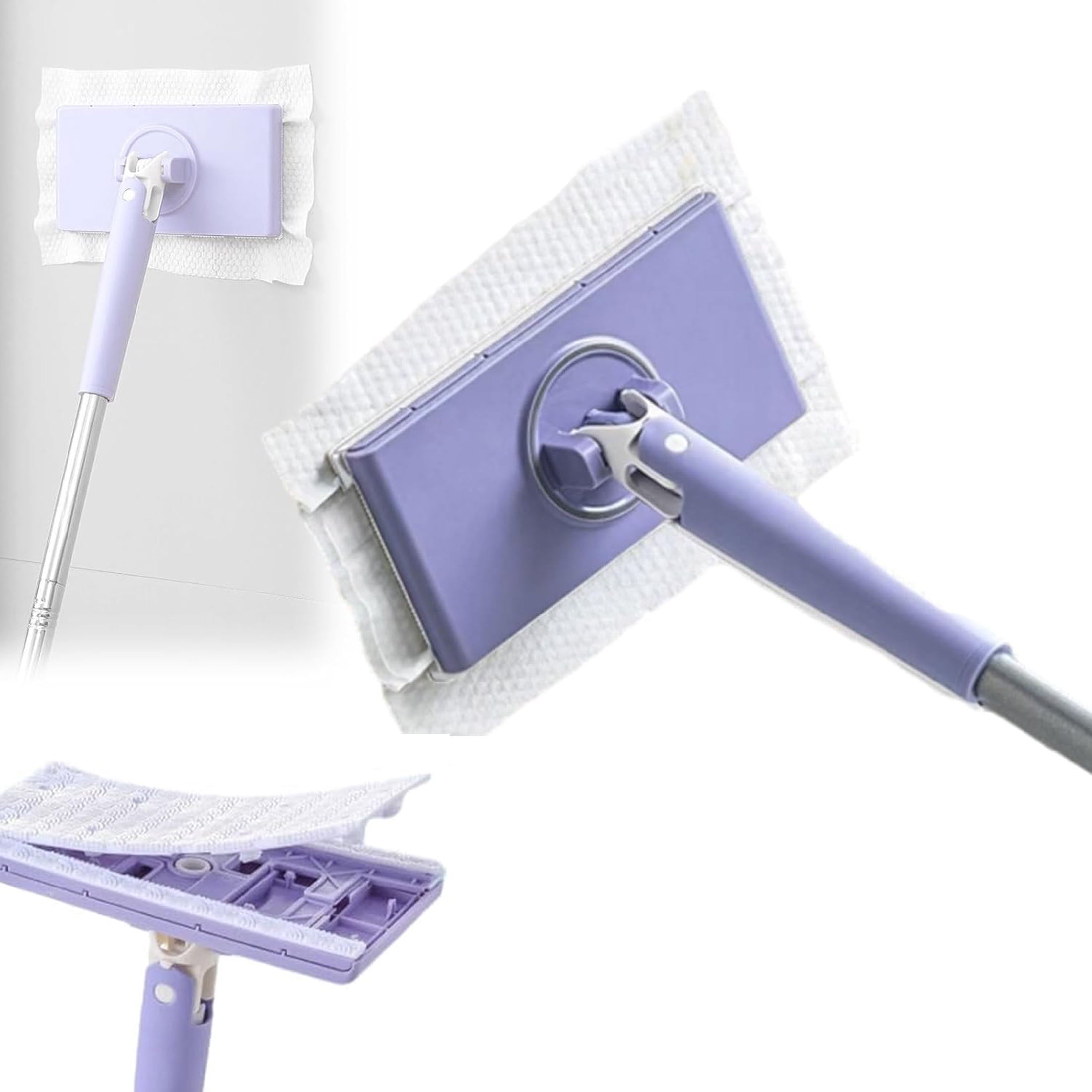 Automatic Cloth Changing Mini Mop Flat Mop with Stainless Steel Handle Reusable Washable Mop Pads for Hardwood Laminate Tile Cleaning Violet 1 Set