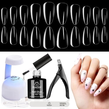Beetles Kit de Gel pour Ongles Capsules Amande Extension d'Ongles Facile en 1 Colle Gel pour Ongles avec Capsules Amande Moyennes Préformées & Lampe UV pour Ongles Coupe-Ongles Acrylique Art de Bricolage Cadeaux pour Elle