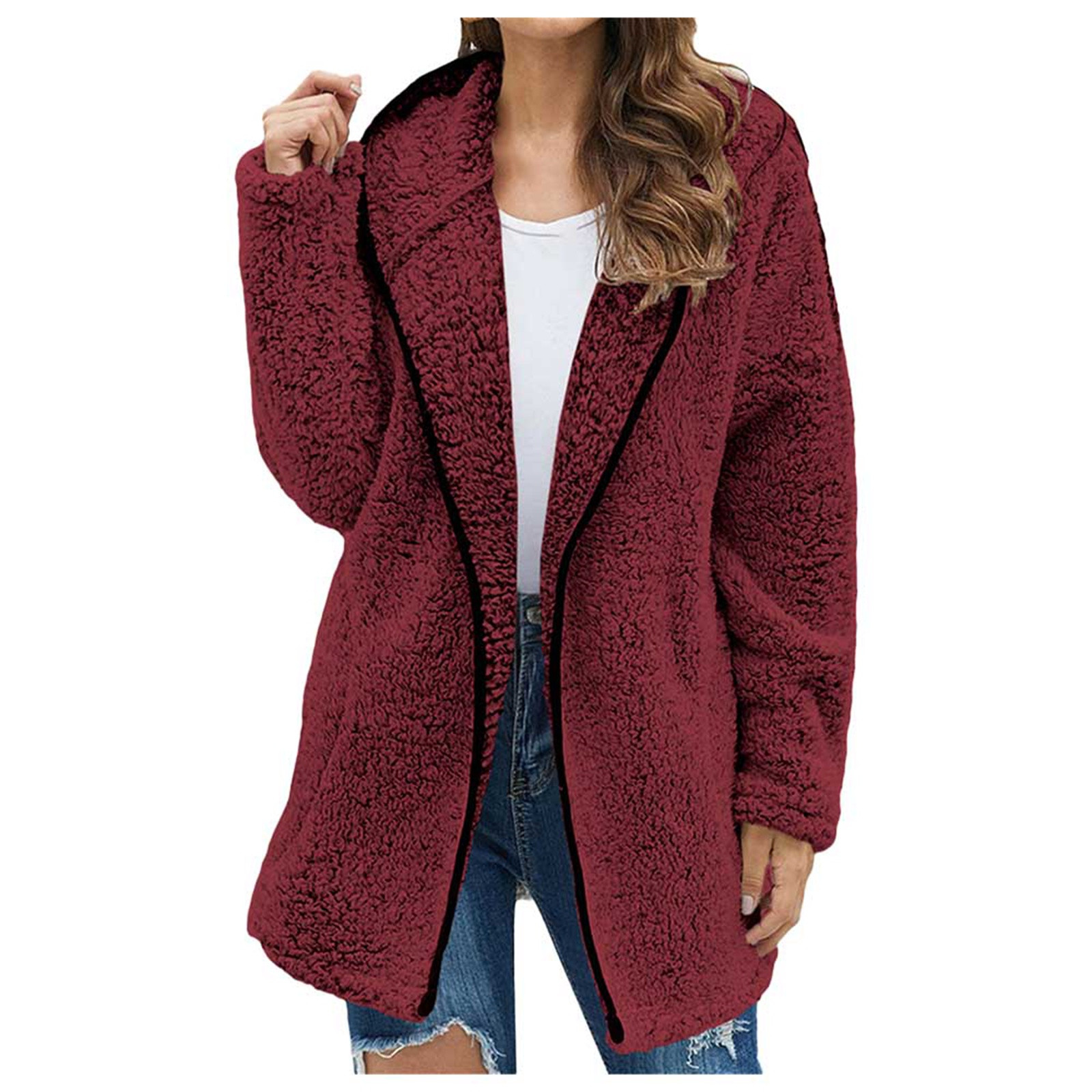 WEIYLL Fleece Jacket Women Thick Knitted Cardigan Solid Color Sleeve Furry Red Winter Coats Size M