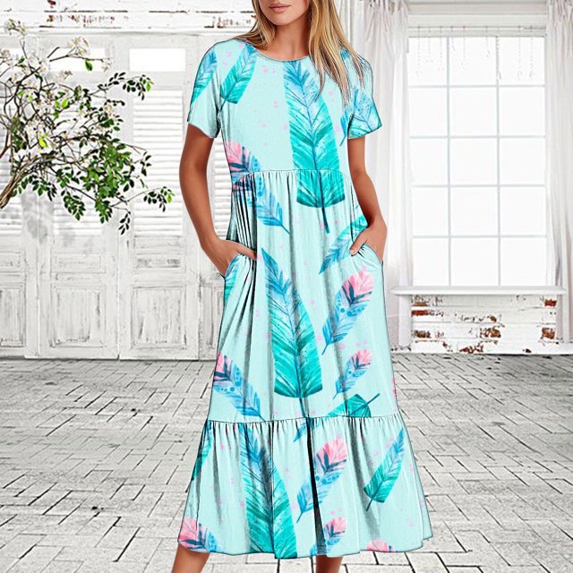 Robes pour Femmes 2024 Été Surdimensionnée Décontractée à Manches Courtes Col Rond Robe Décontractée Fluide à Étages Maxi Robe de Plage avec Poches Robe à Imprimé Plume Rabais de 50 % Liquidation!