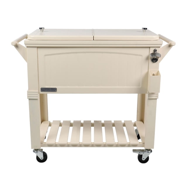 Permasteel 80 Qt Outdoor Patio Cooler in cream with faux wood design and powder-coated steel construction, featuring insulated basin that keeps drinks cold up to 36 hours, dual lids, two handles, four casters with two locking, bottom slatted shelf, built-in bottle opener with cap catcher, and rear drain plug, suitable for outdoor gatherings and camping.