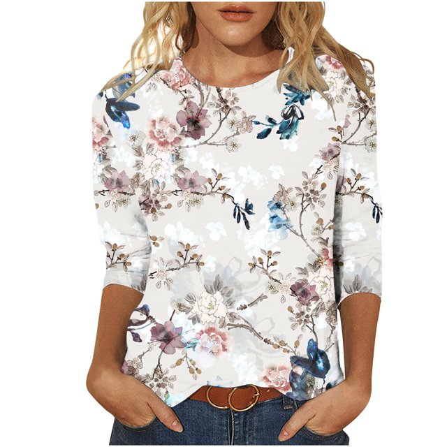 Pompotops T-shirt Mode Femme Imprimé Ample Mi-Longueur Manches 3/4 Blouse Col Rond Hauts Décontractés