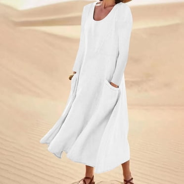 Meichang Robes d'Été pour Femmes Grande Taille en Coton et Lin Robes Maxi à Manches Longues Col Rond Robes Unies Évasées Amples Robes de Plage avec Poches Blanc TTTTG