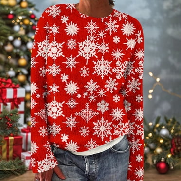 Wiyuqeen Woman Sweaters Fair Isle Red Marry Christmas Knit Pullover Tops Long Sleeve Crew Neck Snowflake Print Sweaters for Ladies