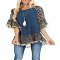 thumbnail image 2 of Women 3/4 Sleeve Solid Floral Hem Leopard Print Blouse Loose Top, 2 of 6