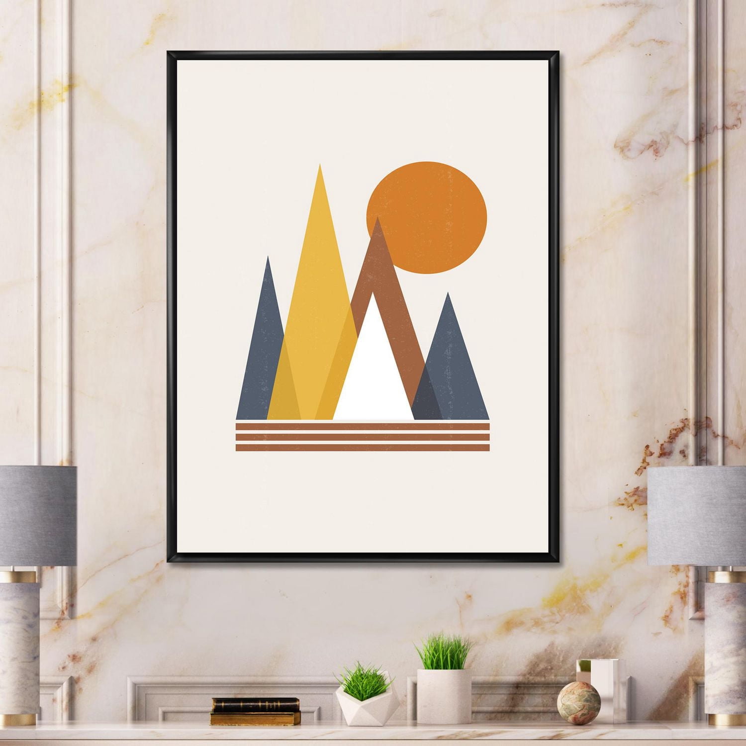 Designart Mountain Abstract and Sun FLOAT FRAME WALL ART