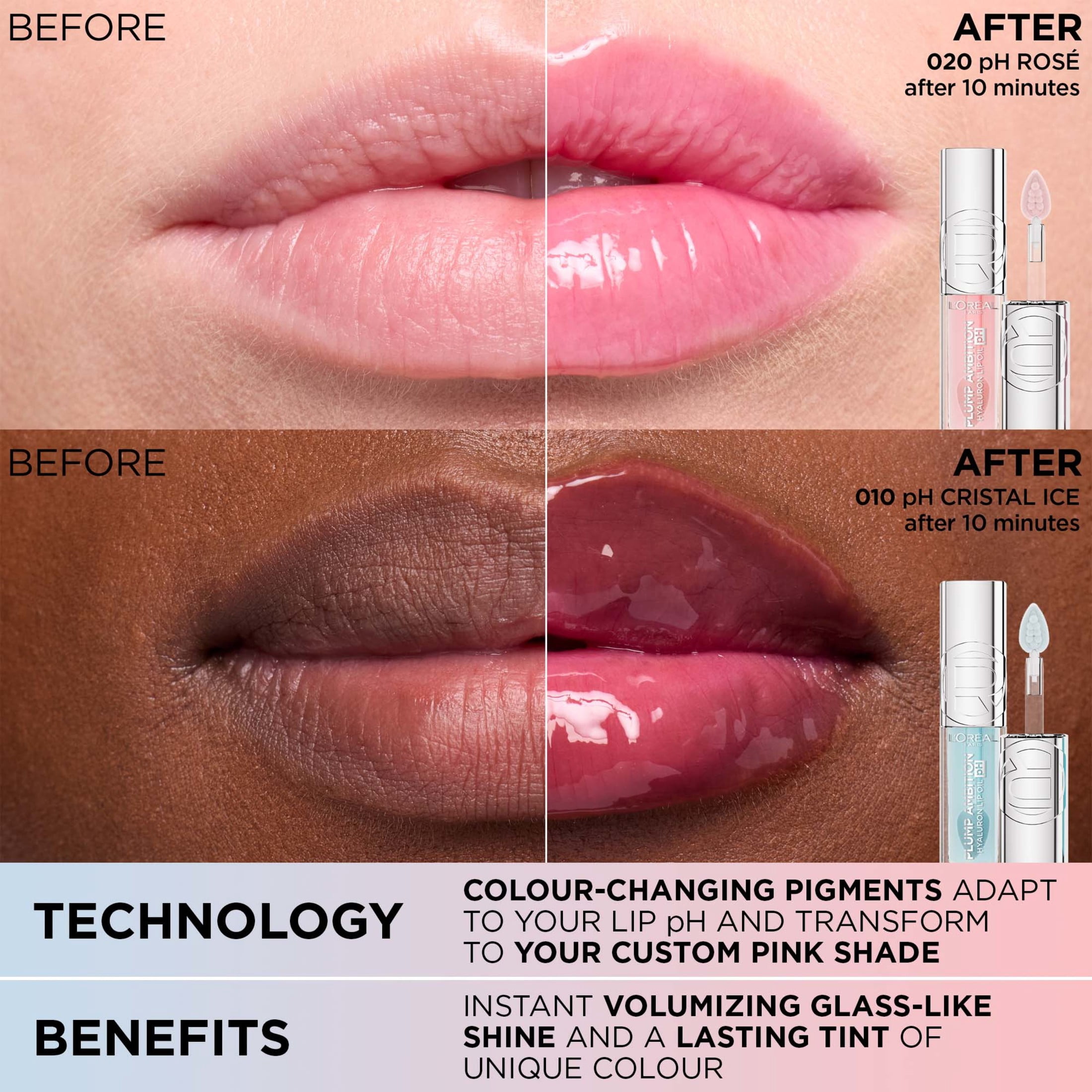 L’Oréal Paris Huile à Lèvres Teintée Plump Ambition, Brillant à lèvres repulpant, Léger picotement, Non collant, Hydratant, infusé d'acide hyaluronique, NUDE MACARON, 5 ml